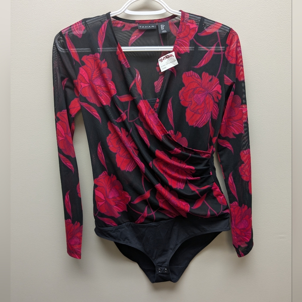 New Tahari Women Small Black Red Mesh Bodysuit Floral Long Sleeve Undershirt NWT